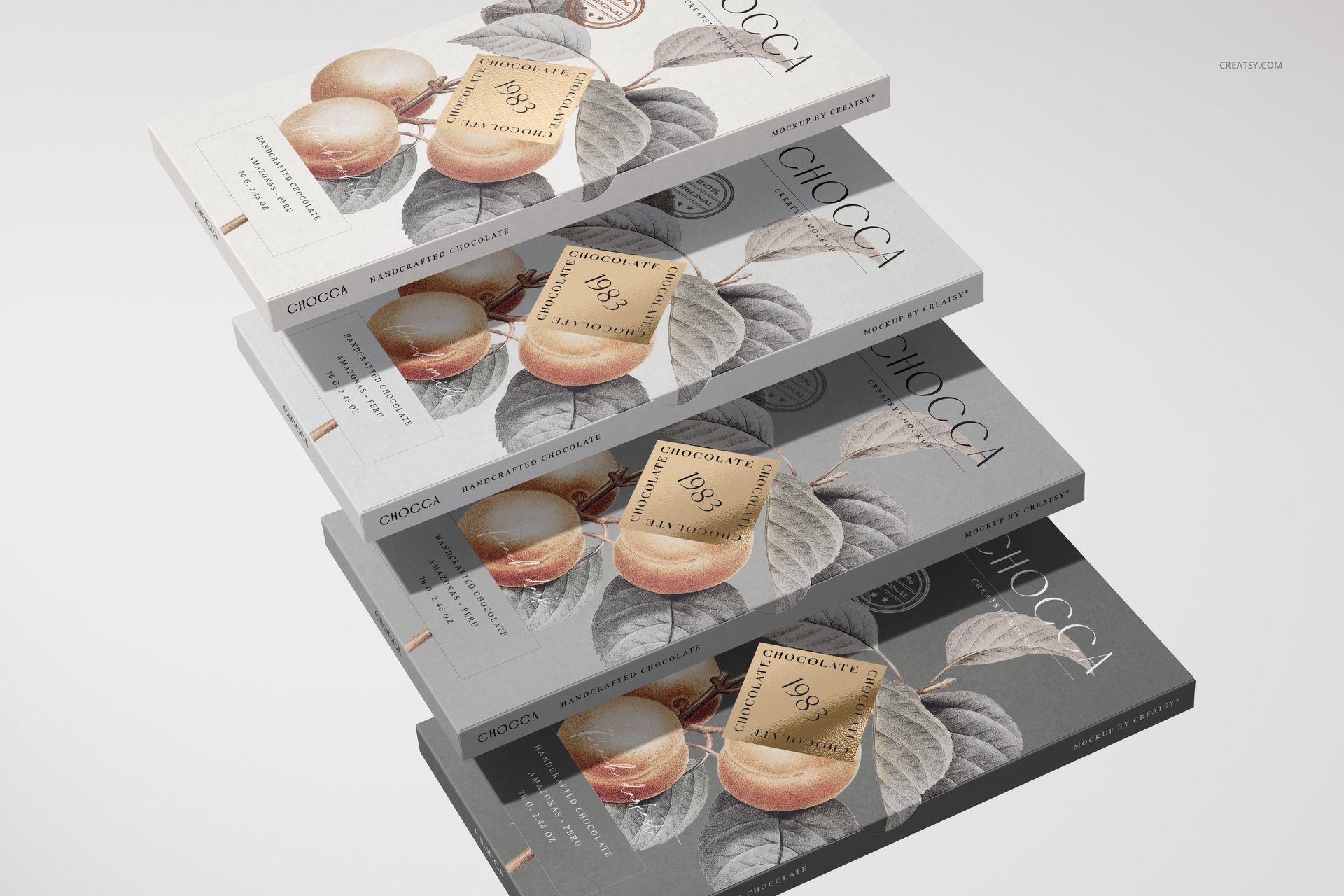 Front view of four chocolate bar packaging mockups arranged diagonally, featuring leaf and fruit illustrations.