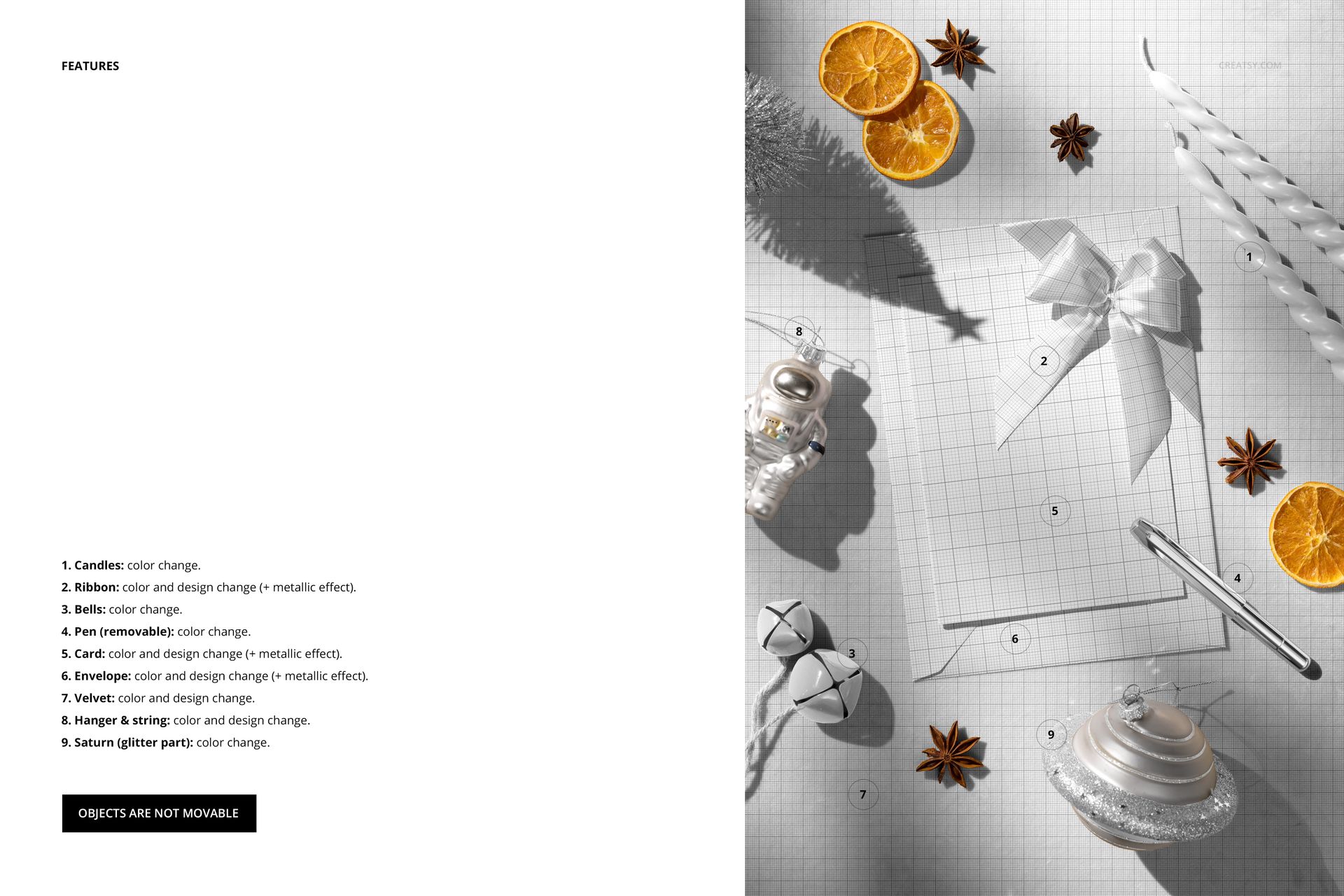 Christmas greeting card and envelope mockup displayed on a grid background with festive decorations and dried orange slices.