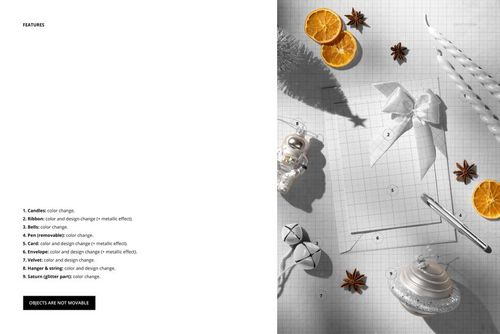 Christmas greeting card and envelope mockup displayed on a grid background with festive decorations and dried orange slices.