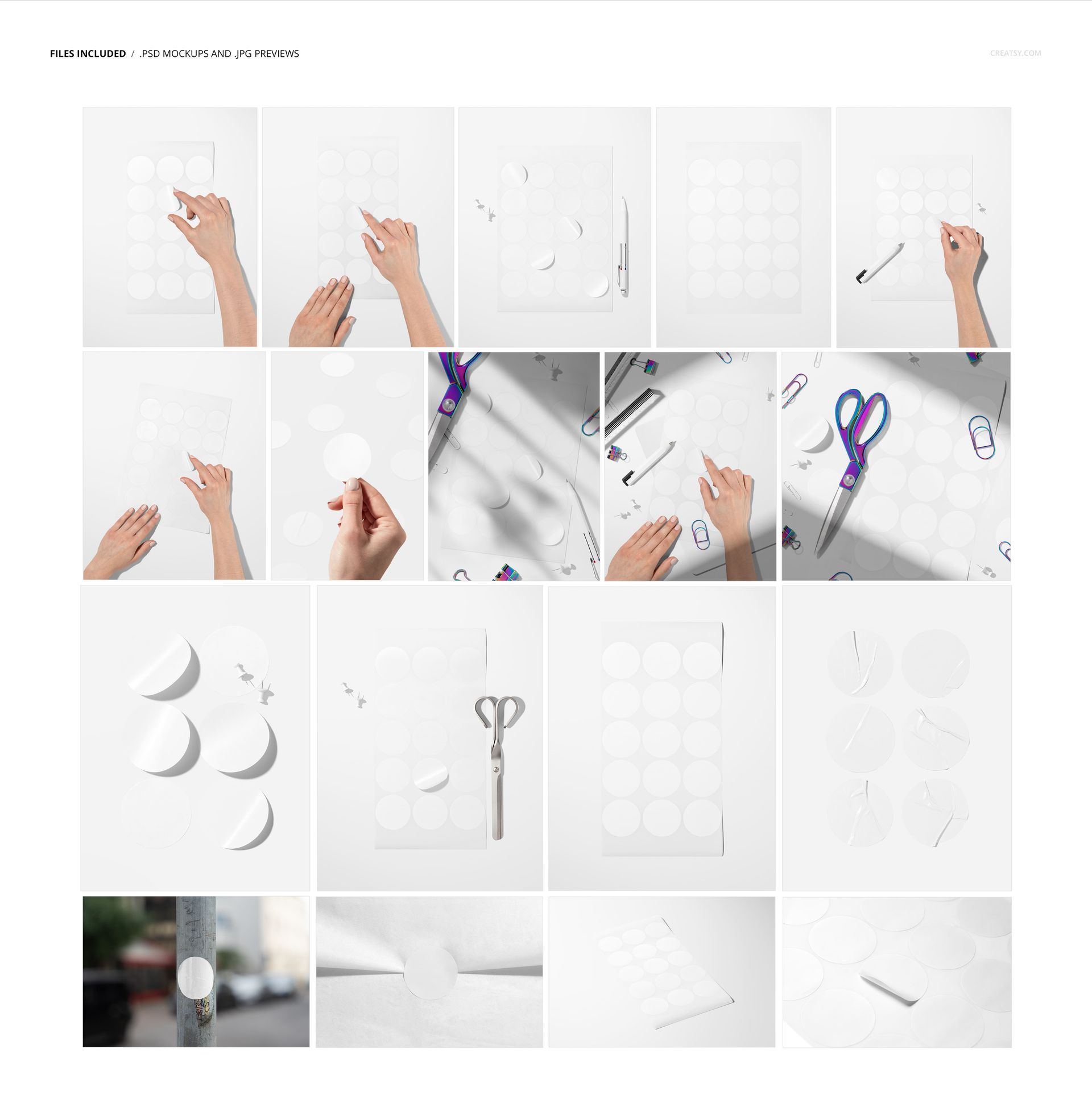 Round sticker mockup set showing multiple white circular stickers on sheets and being peeled by hand, top view.