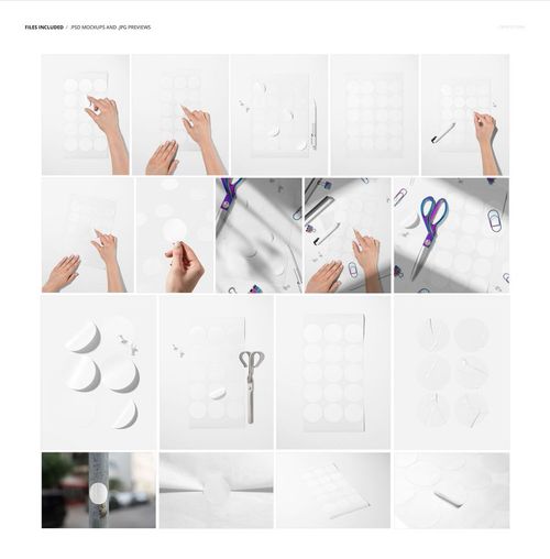 Round sticker mockup set showing multiple white circular stickers on sheets and being peeled by hand, top view.