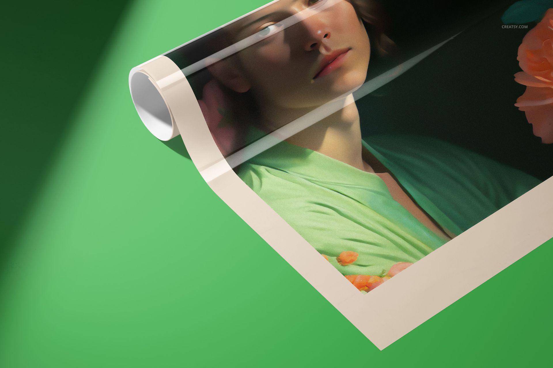 Glossy PVC poster mockup rolled at one end, featuring vibrant colors and a partial floral design on a green surface.