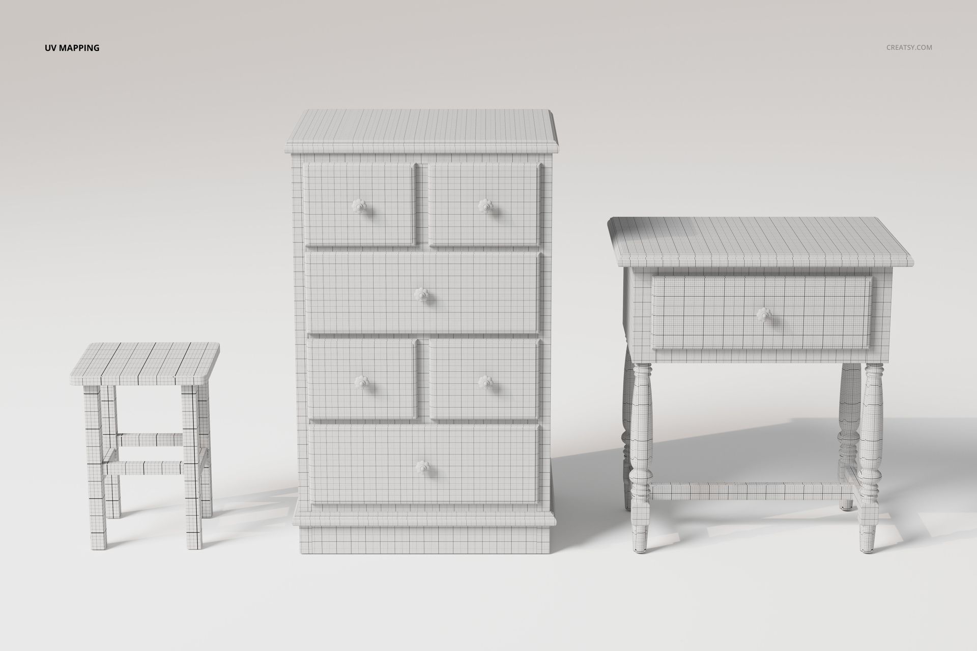 Front view of a 3D model furniture set including a tall dresser, a small table, and a stool, all with grid wireframe texture.