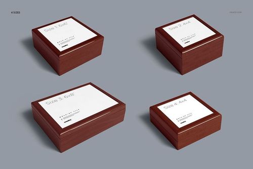 PSD mockup featuring multiple wood jewelry boxes with white tile tops, organized by size and viewed from above.