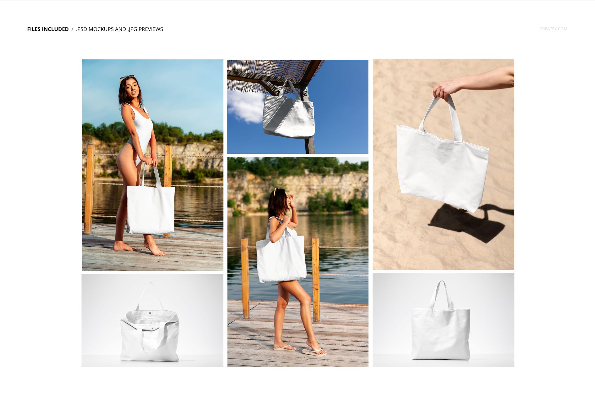 Natural cotton market tote bag mockup shown in various outdoor scenes, featuring a plain white fabric design.