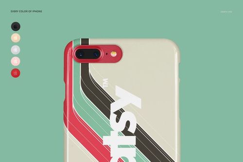 iPhone 7 Plus with a glossy case mockup, showing bold diagonal stripes and large text design against a mint green backdrop.