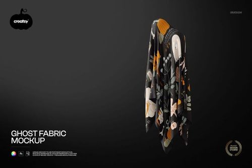Ghost-shaped fabric mockup featuring autumn leaves and floral motifs in orange, gray, and black, front view.