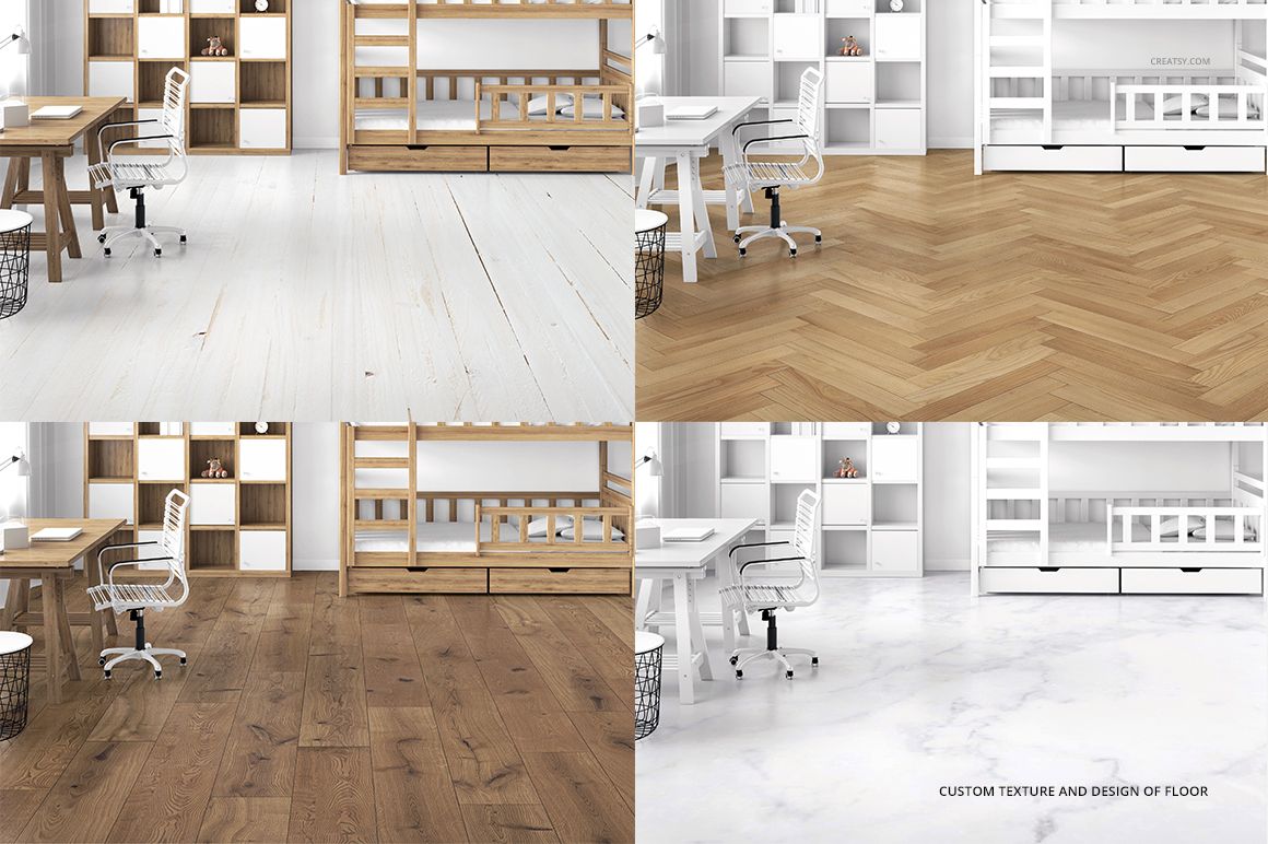 Kids room carpet mockup showing four floor textures in a modern space with bunk beds, desk, and shelving units.