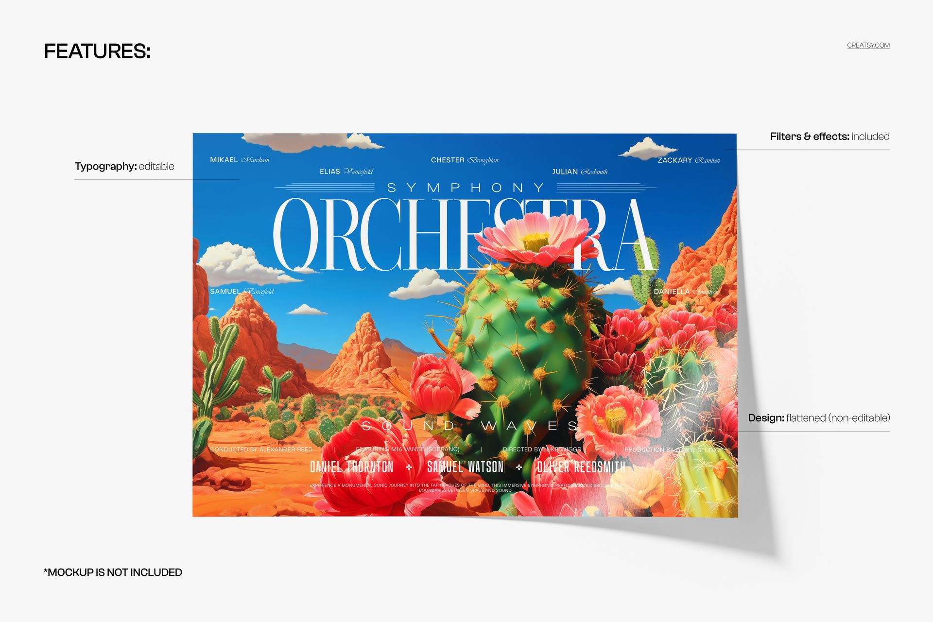 Poster mockup featuring a vibrant desert landscape with blooming cacti and red rock formations, viewed from the front.
