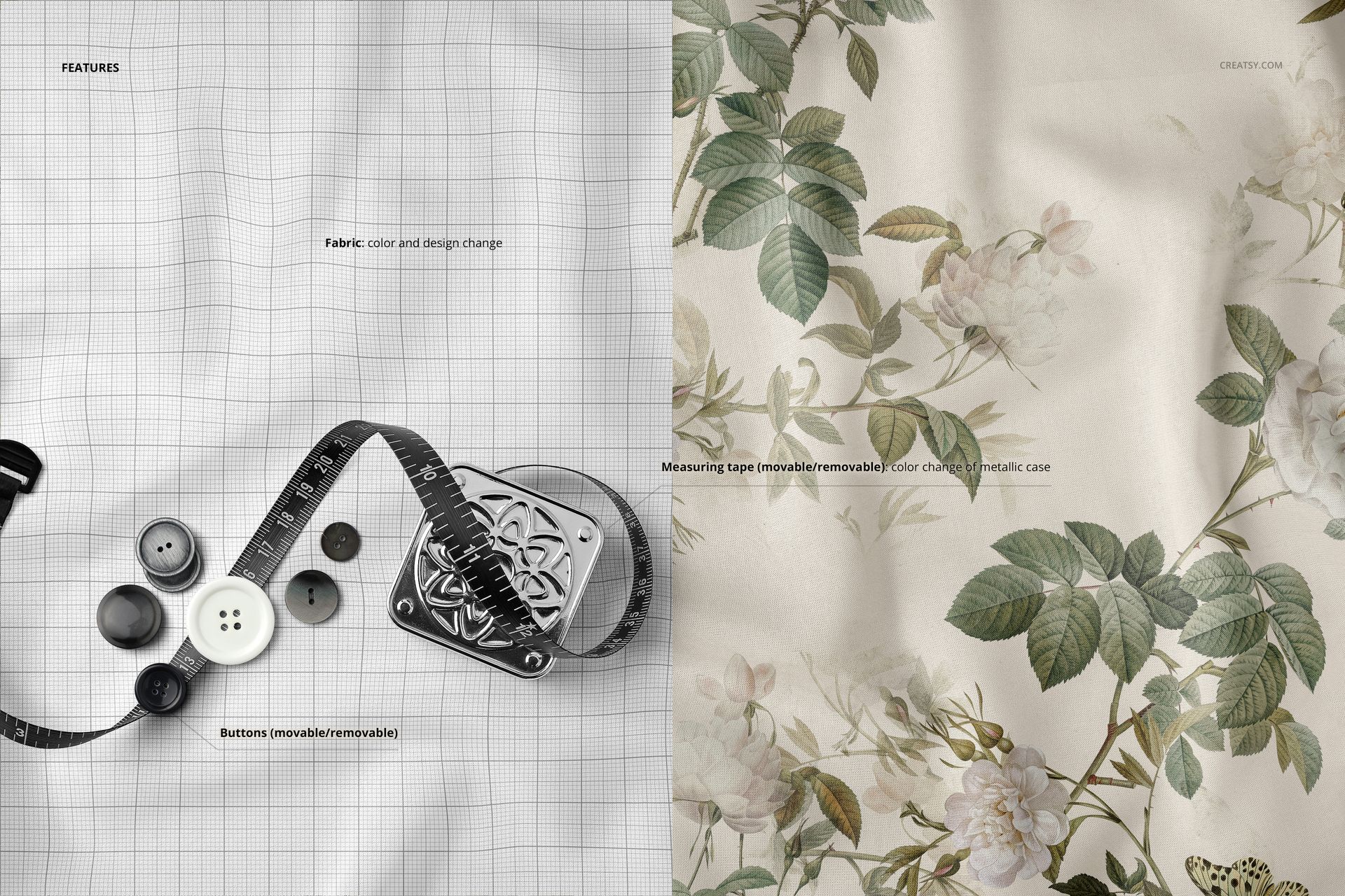 Top view close-up of fabric mockup featuring a floral pattern on one side and grid lines with sewing tools on the other.