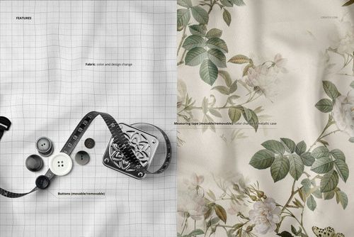 Top view close-up of fabric mockup featuring a floral pattern on one side and grid lines with sewing tools on the other.