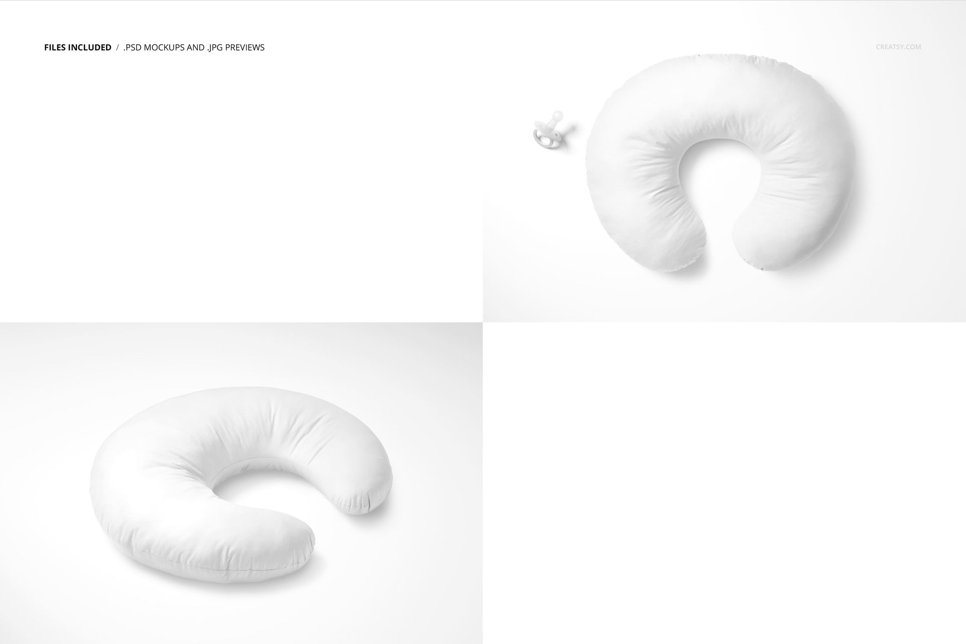 White nursing pillow mockup shown from top and side views on a plain background, with a pacifier beside the pillow.