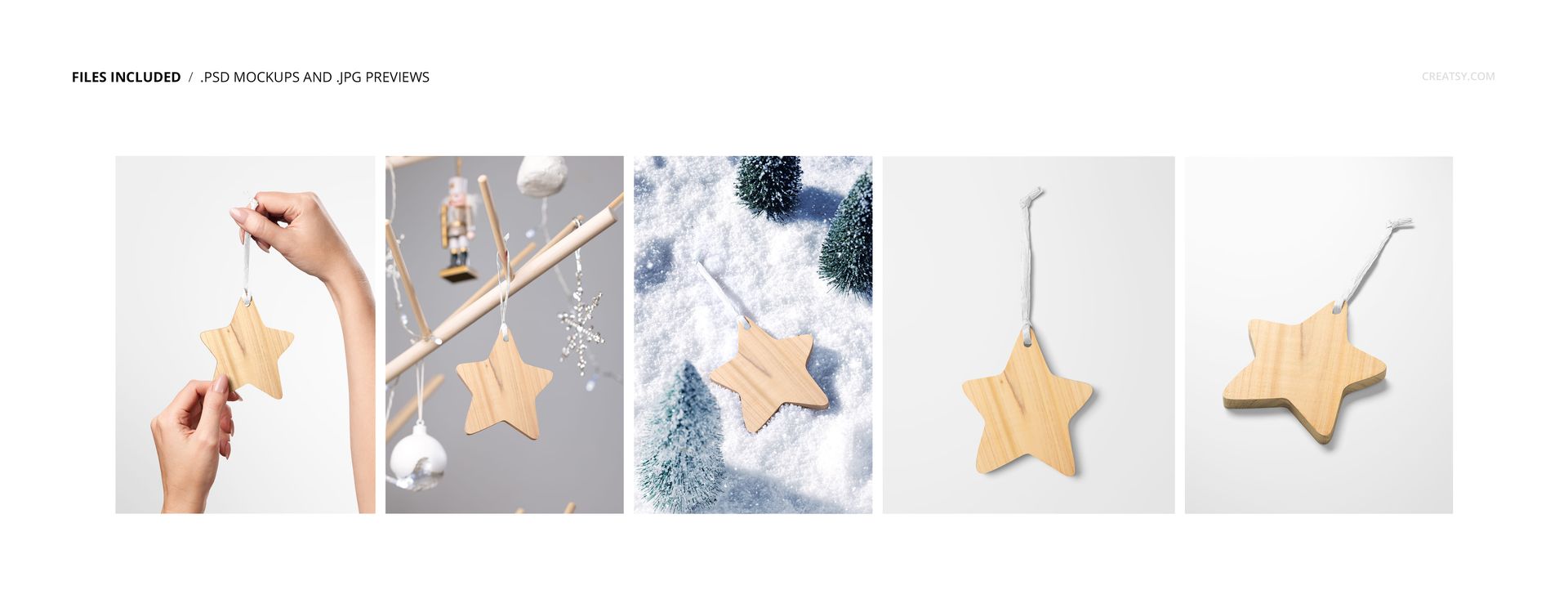 PSD mockup featuring light wood star ornaments for Christmas, presented on tree branches and snowy surfaces.