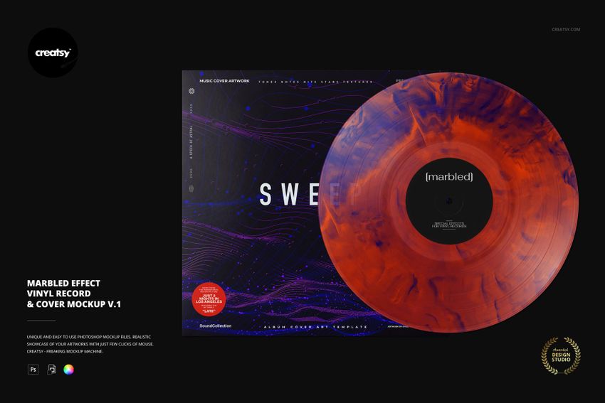 Orange and black marbled vinyl record displayed beside a cover featuring abstract purple and blue wave patterns, PSD mockup.