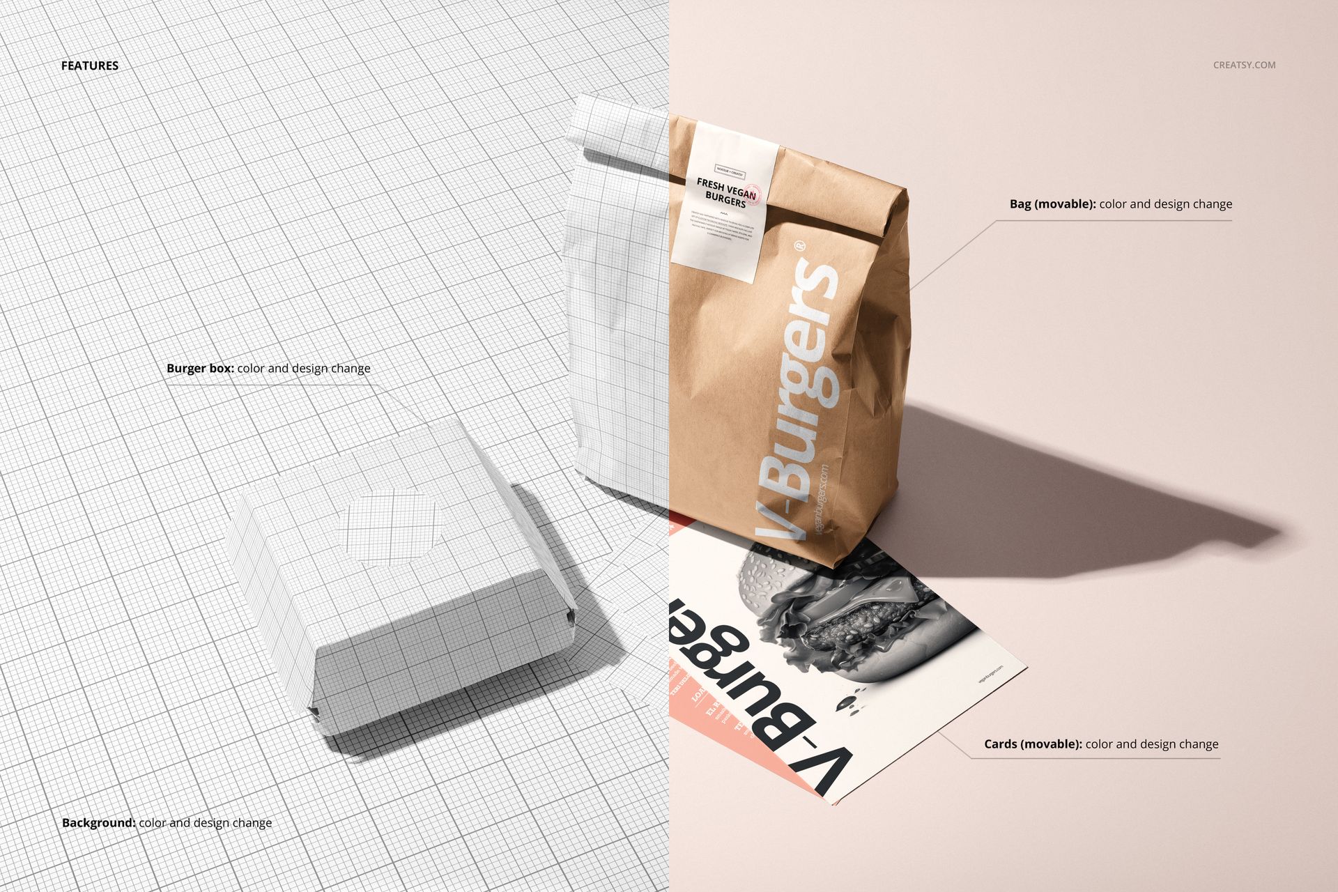 Burger packaging mockup with a paper bag, burger box, and menu card shown on a split grid and realistic background.