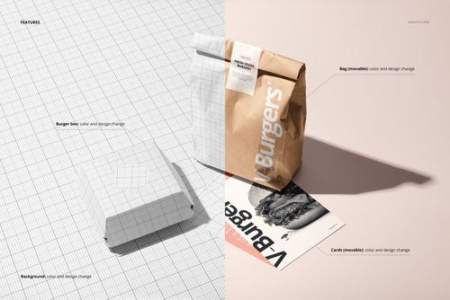 Burger packaging mockup with a paper bag, burger box, and menu card shown on a split grid and realistic background.
