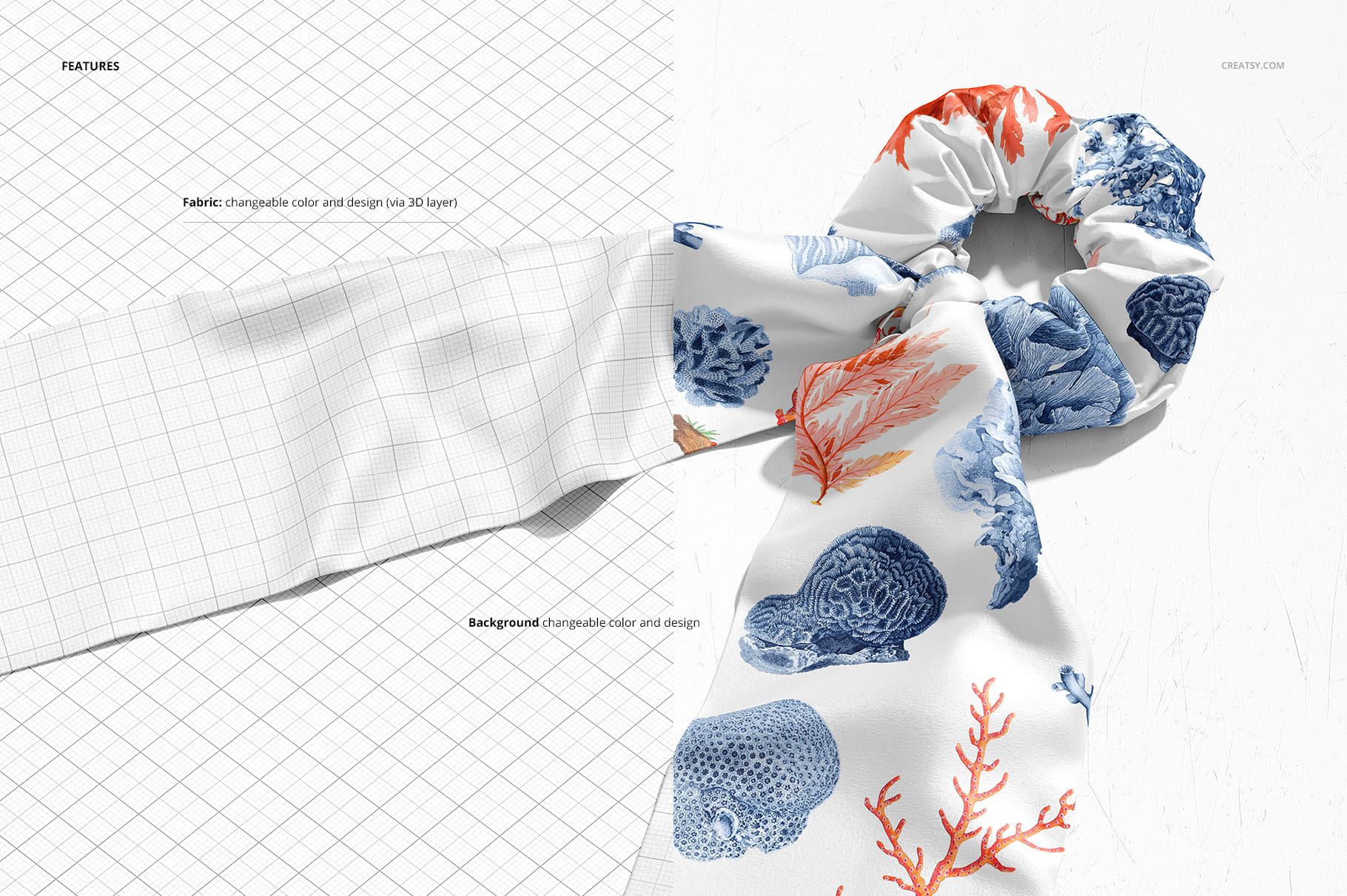 Scrunchie scarf mockup showing a fabric accessory with blue and orange coral patterns, top view on white surface.