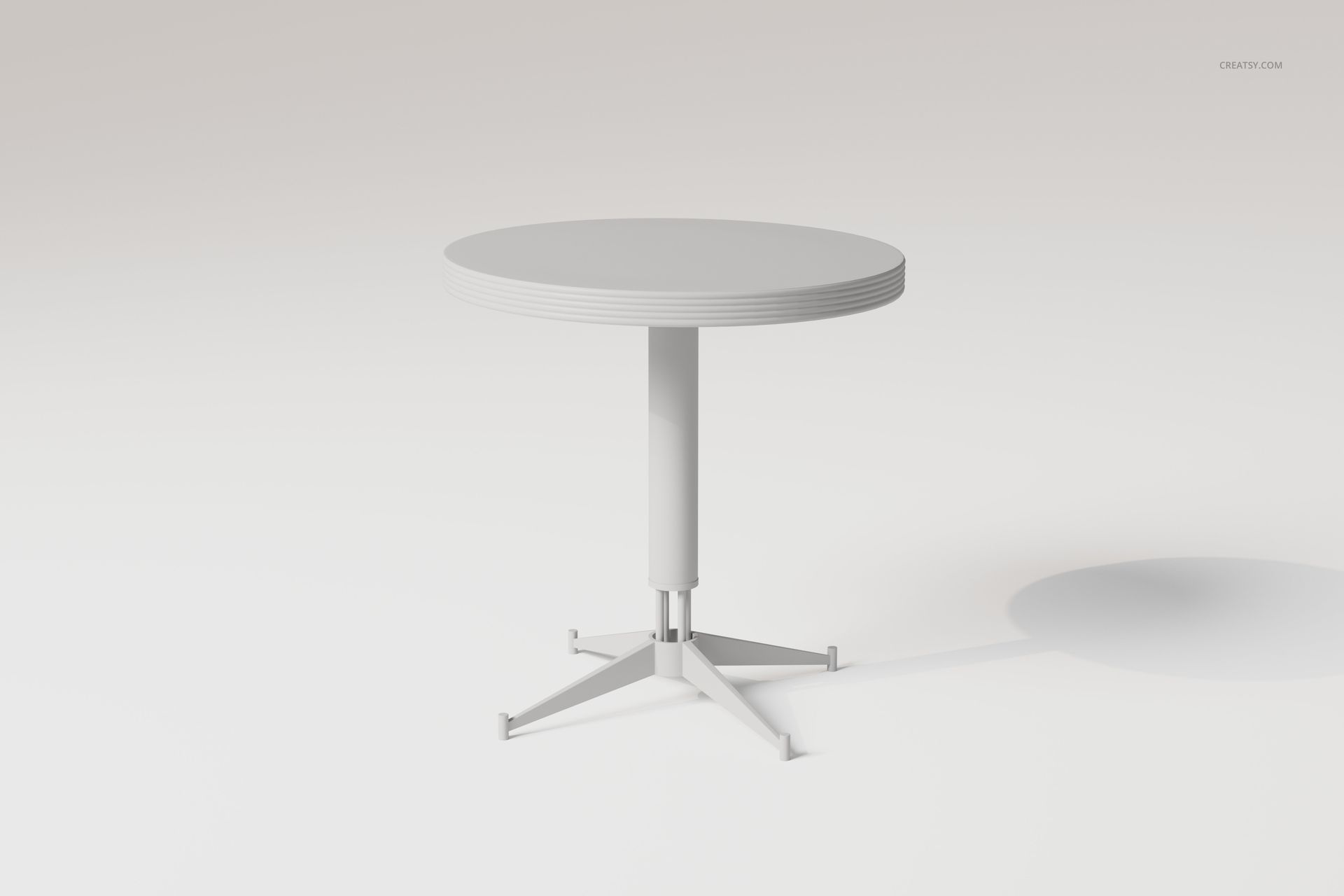 Round modern tray table with a minimalist design, white surface and central pedestal base, front angled view.