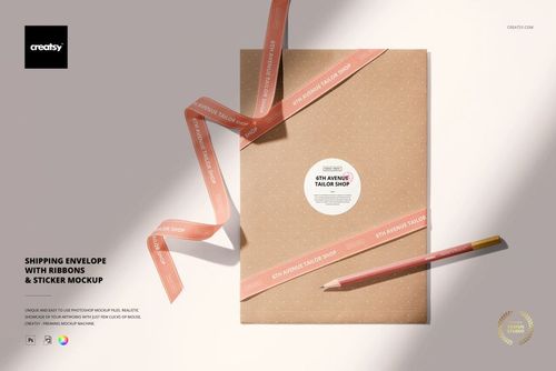 Brown polka dot shipping envelope mockup featuring pink ribbons, a circular sticker, and a pencil on a light background.