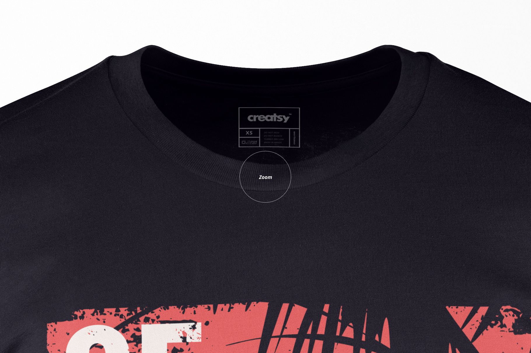Close-up of a men's black t-shirt mockup showing the collar and partial abstract red and white print on the front.