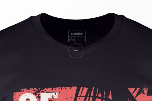 Close-up of a men's black t-shirt mockup showing the collar and partial abstract red and white print on the front.