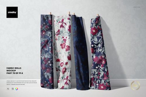 PSD mockup showing four standing fabric rolls with botanical prints in different color schemes, displayed side by side.