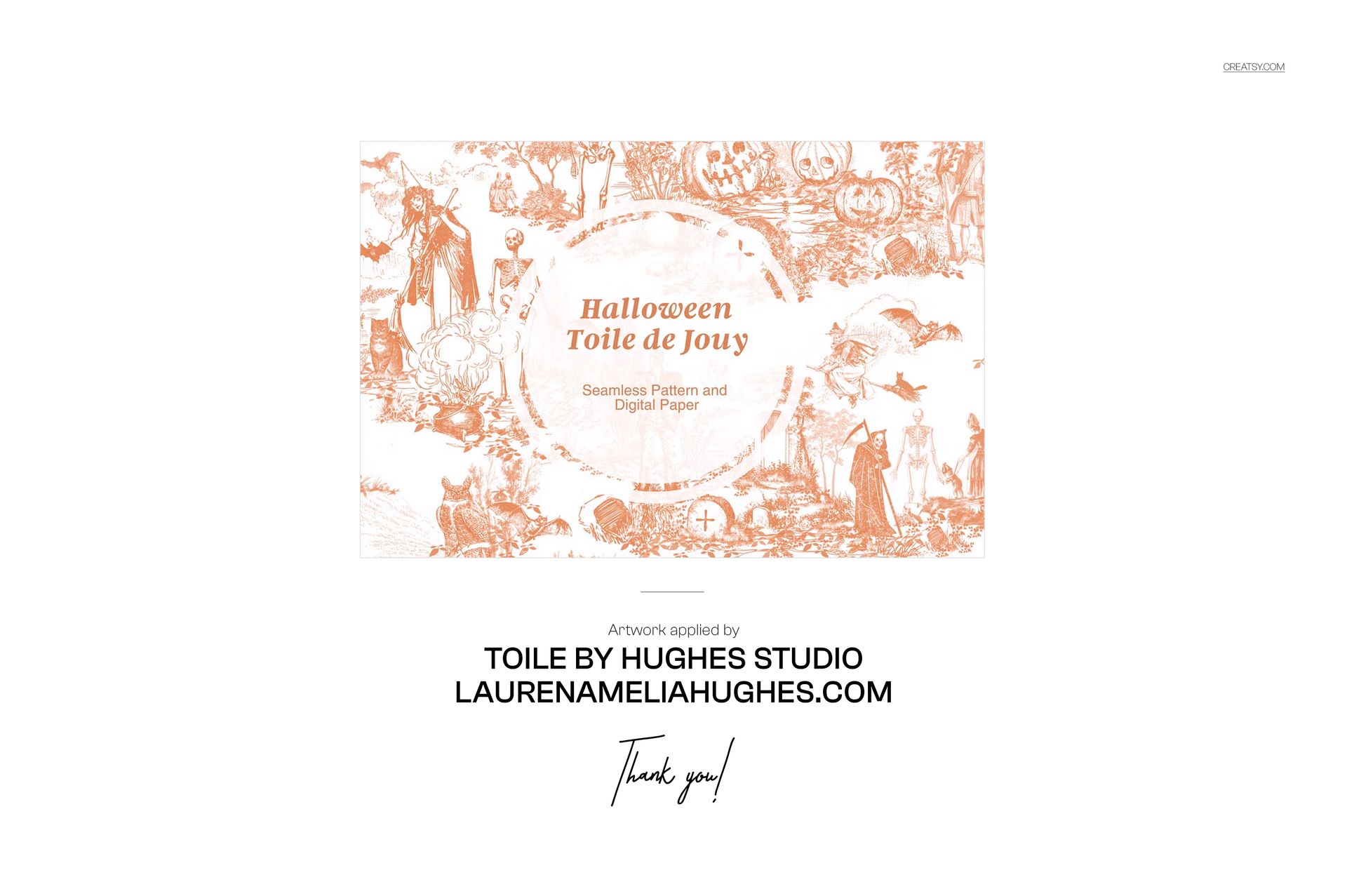 Front view of a Halloween themed interior mockup featuring a fireplace, decorated with orange toile patterns.