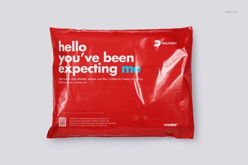Front view of a red poly mailer mockup with bold white lettering, displayed on a plain light backdrop.