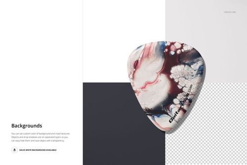 PSD mockup of a guitar pick with a fluid art design in red, white, and black, placed against multiple background options.