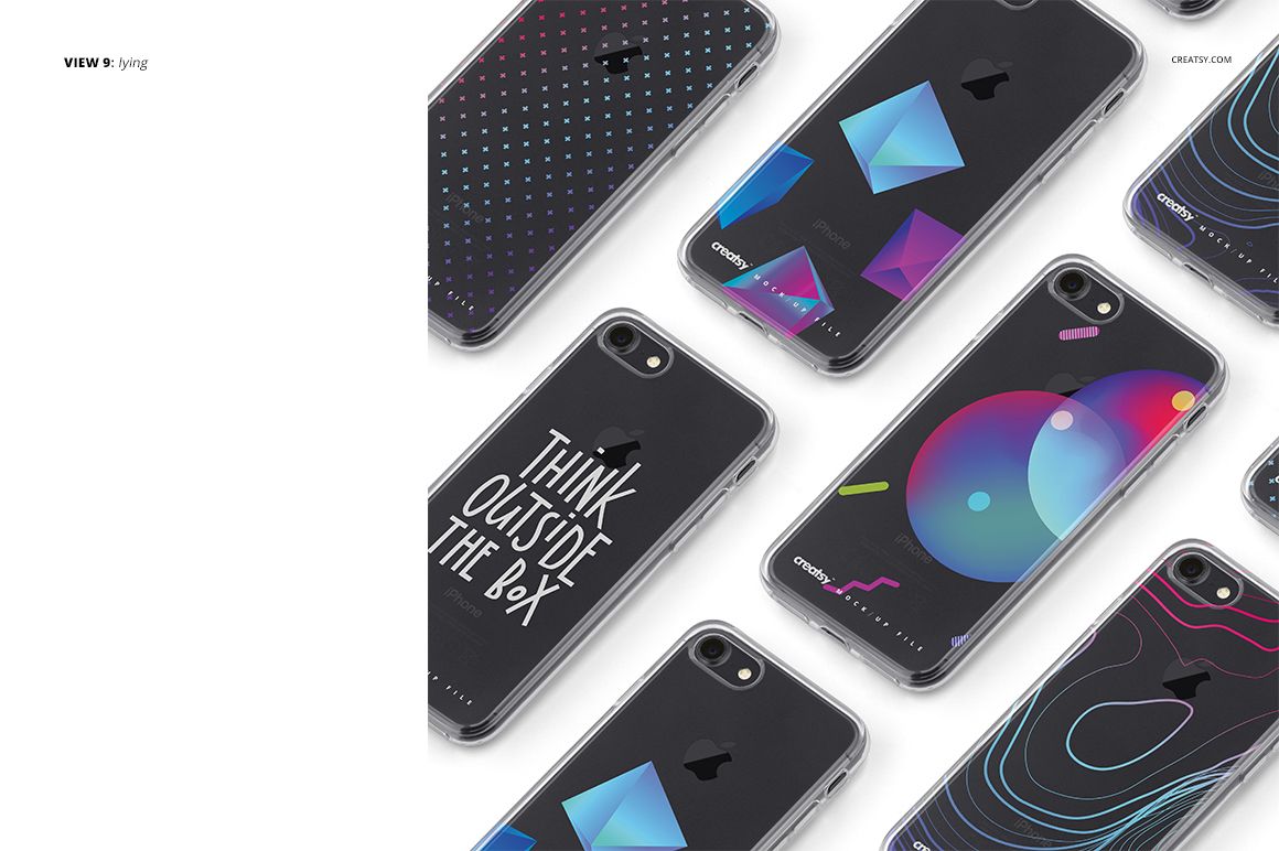 PSD mockup showing iPhone 7 clear cases with various graphic designs, displayed in a neat diagonal layout.