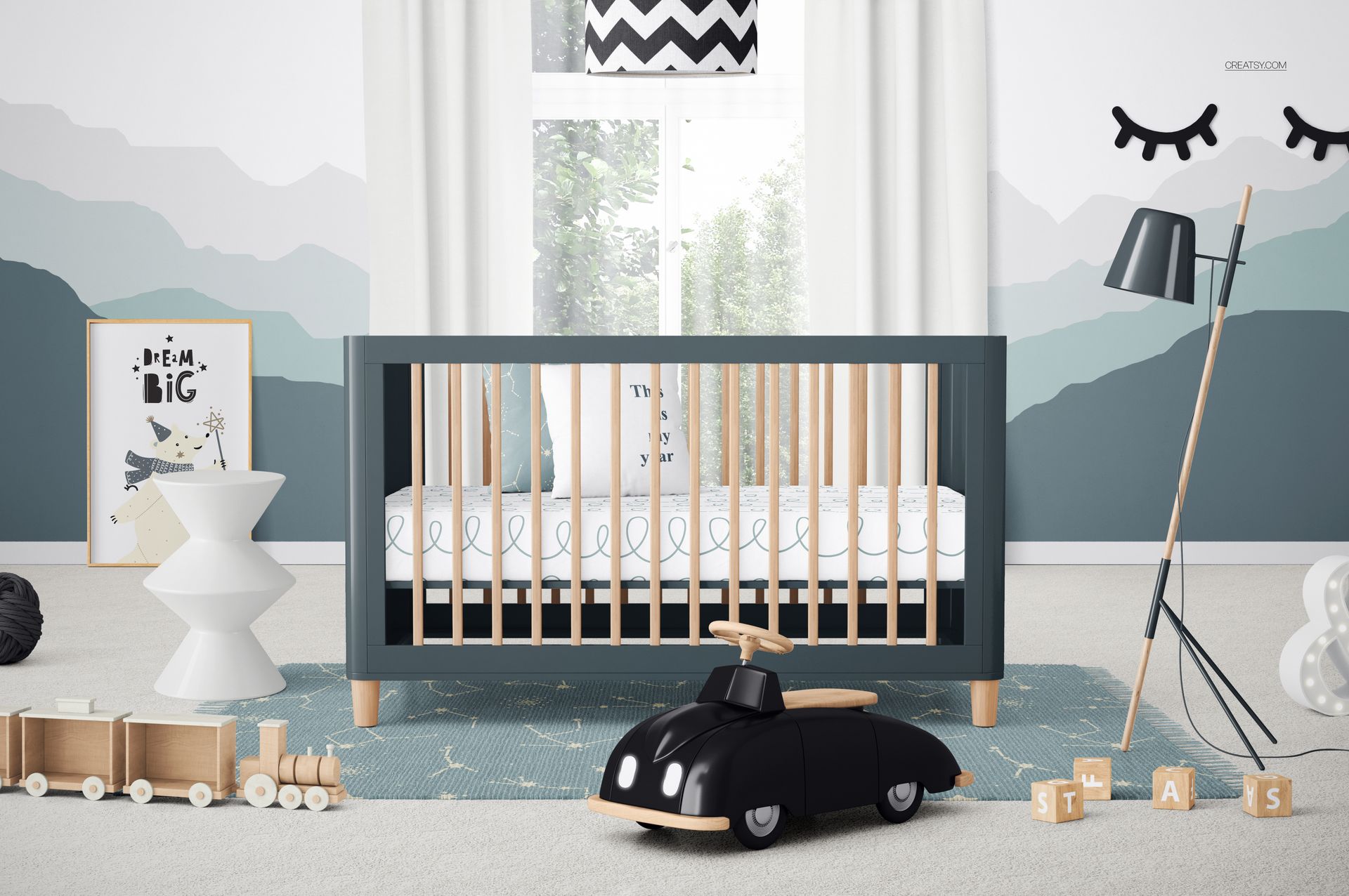 PSD mockup of a baby crib in a kids room with soft blue accents, wall art, and wooden toys, straight-on angle.