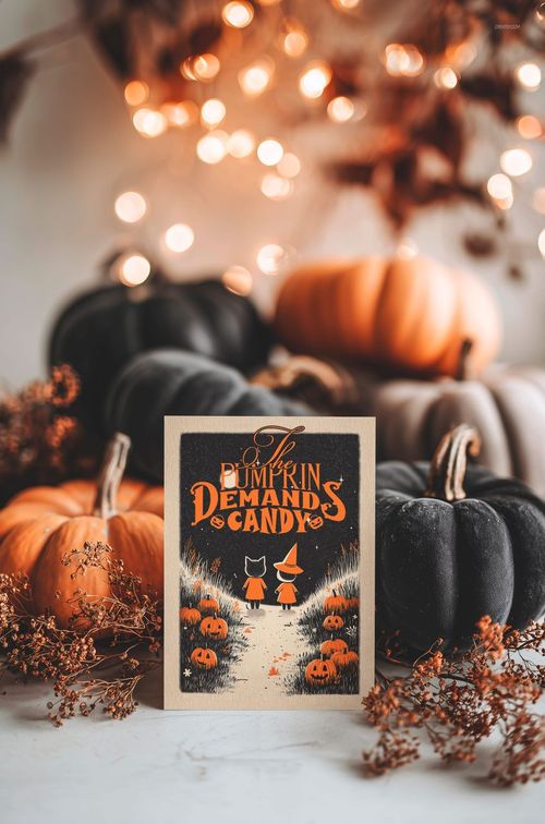 Halloween greeting card mockup displayed upright among orange and black pumpkins with warm bokeh lights in background.