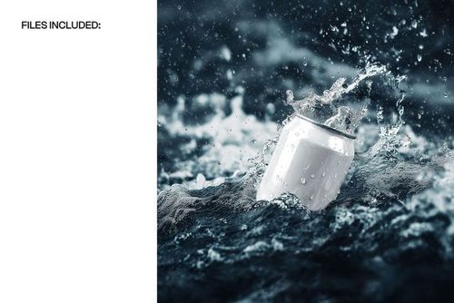 Aluminum can mockup floating in turbulent water with splashing effects, viewed from the front in a realistic setting.