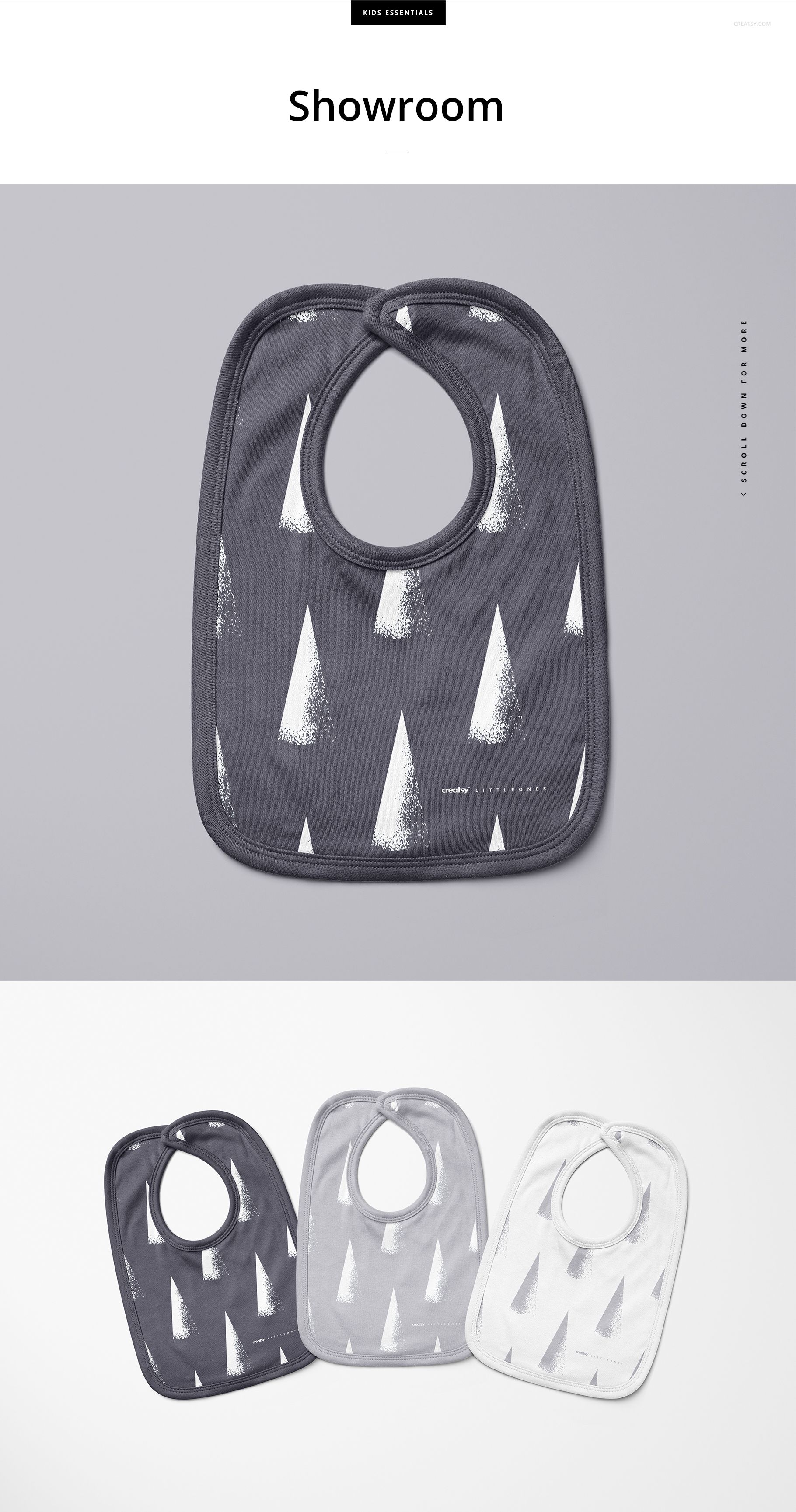 PSD mockup of Velcro fastening bibs displayed in gray, light gray, and white, each with a simple tree motif.