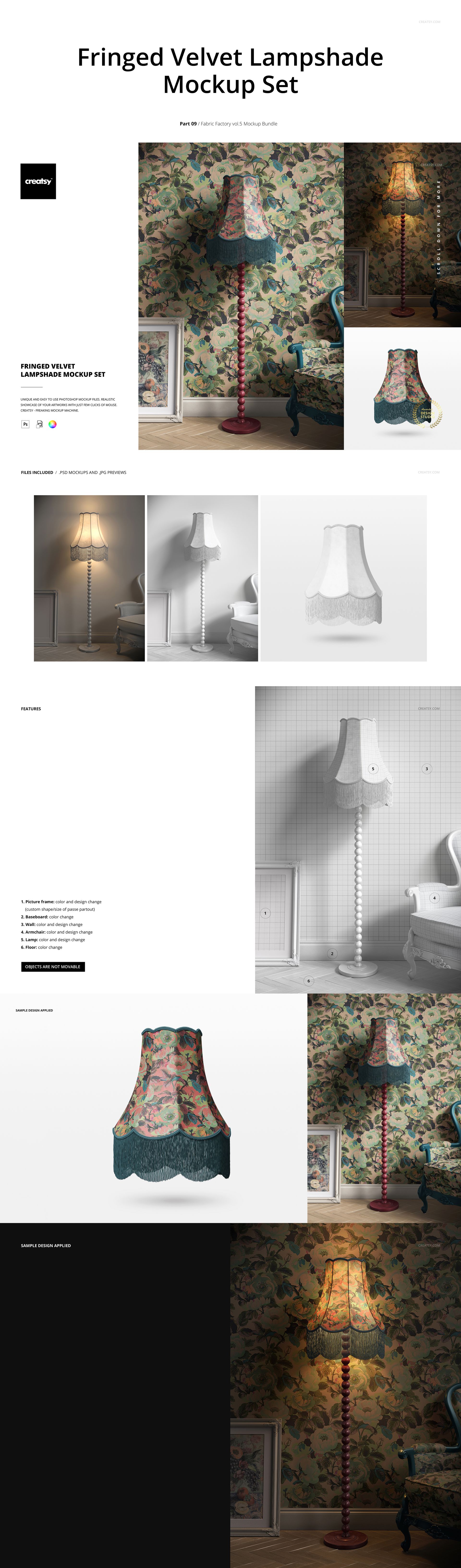 PSD mockup bundle showing multiple lampshades on tall lamp bases, with close-up and room scene perspectives and decorative patterns.