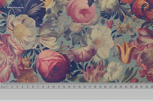 Polyester velvet fabric mockup featuring vibrant flowers in pink, yellow, and cream tones, shown from above with ruler.