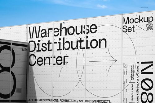 Warehouse distribution center mockup featuring white exterior panels with black typography and circular grid designs.