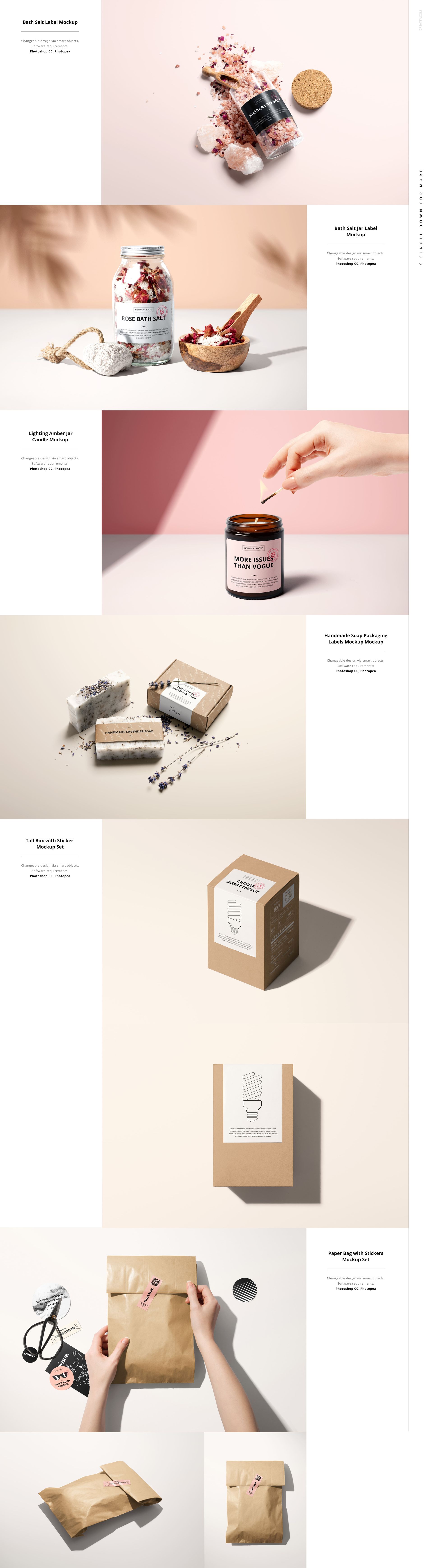 Assorted packaging mockups featuring jars, boxes, and envelopes with customizable sticker labels in neutral settings.
