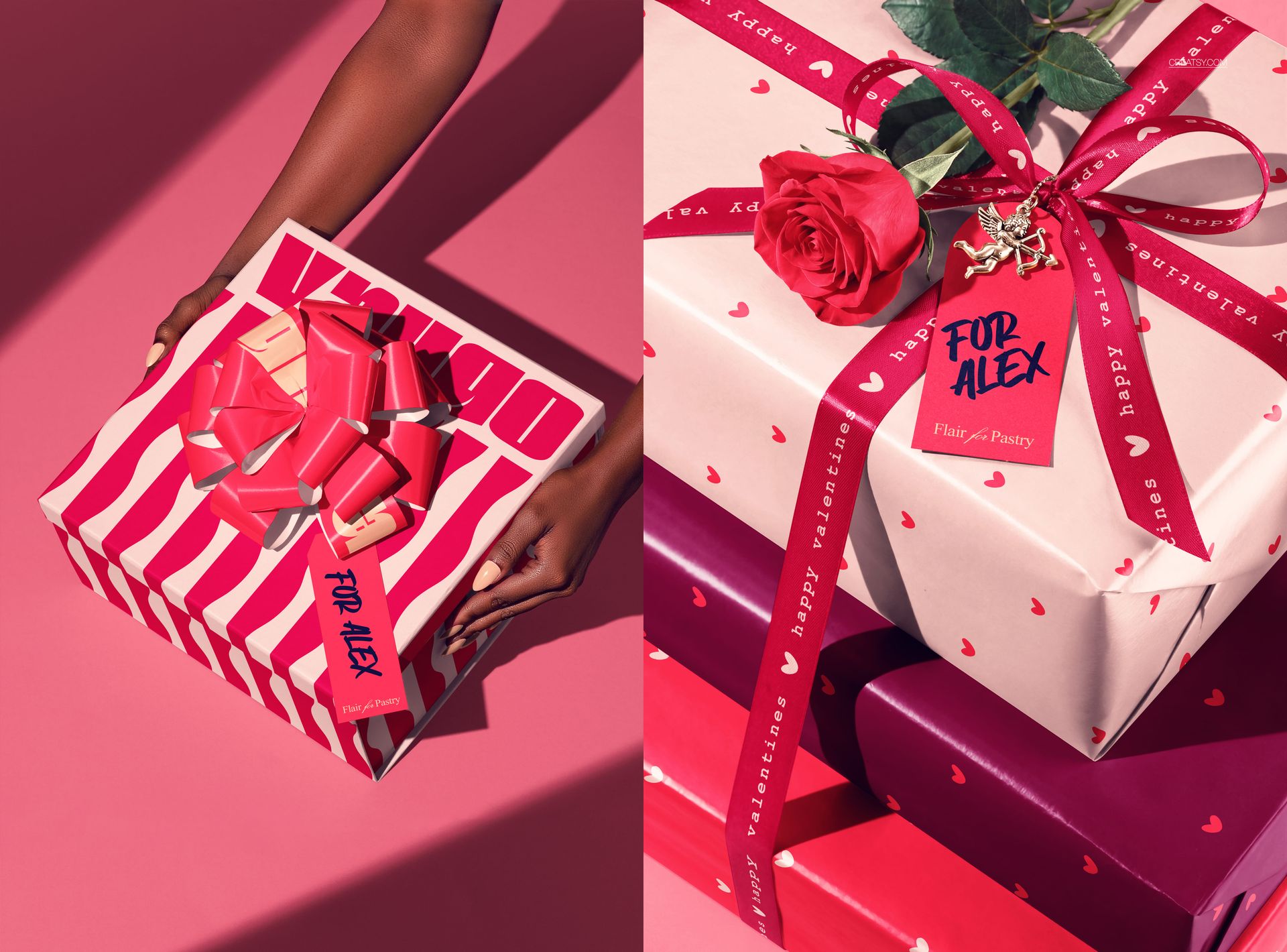 Valentine's Day packaging mockup featuring gift boxes with pink and red wrapping, bows, and decorative ribbons.