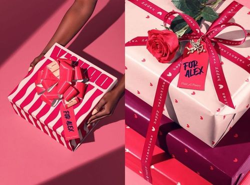 Valentine's Day packaging mockup featuring gift boxes with pink and red wrapping, bows, and decorative ribbons.