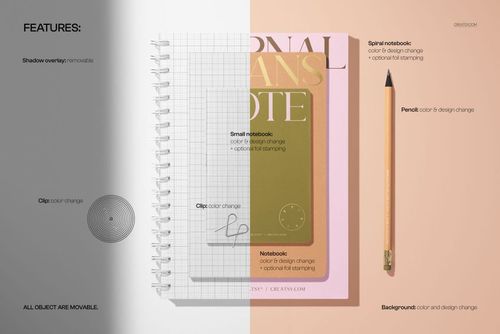 Stationery set mockup featuring a spiral notebook, pencil, and grid paper, shown from a top view with neutral colors.