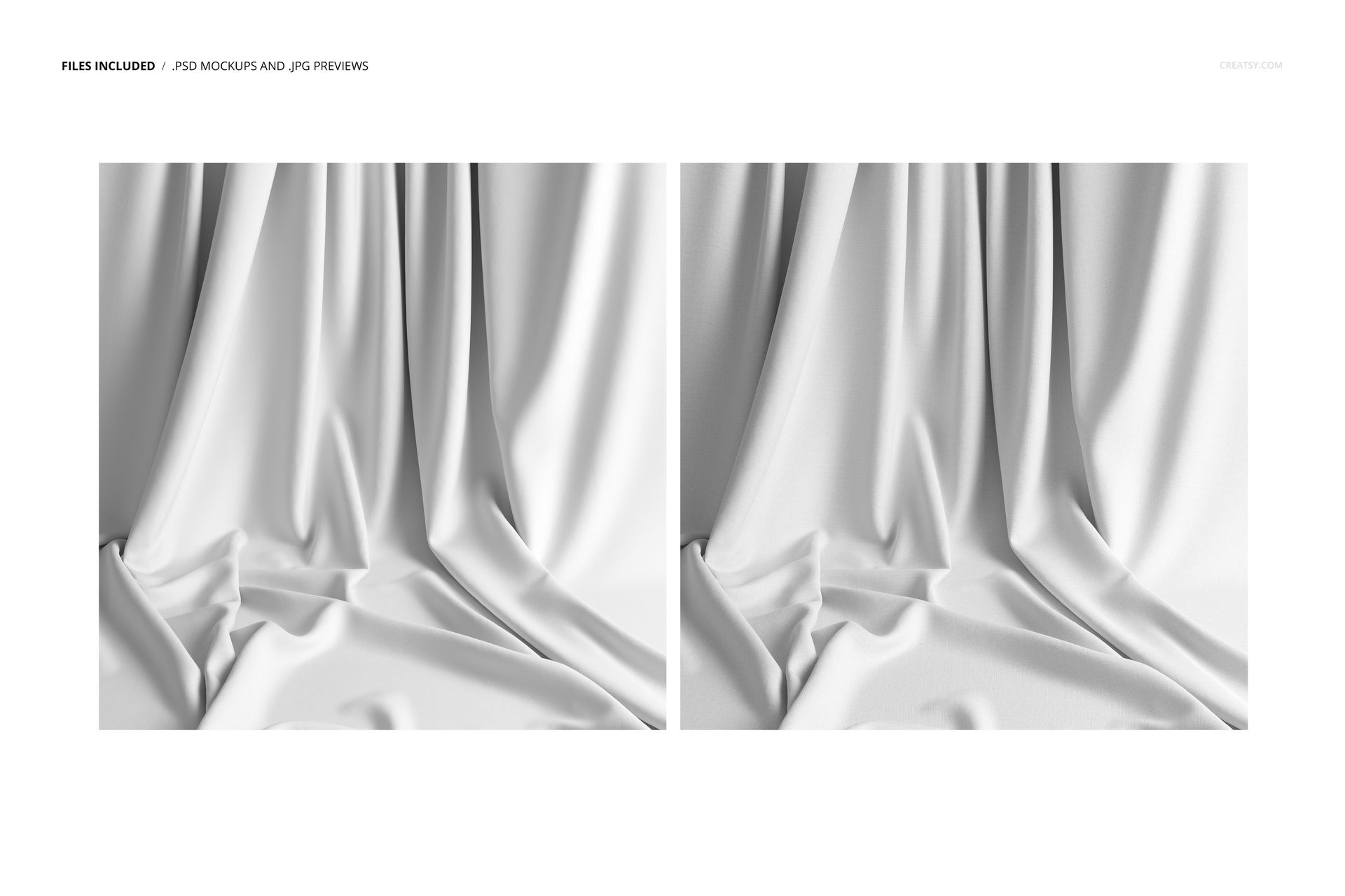 Two panels of white fabric mockup shown from the front, featuring flowing drapes and realistic shadow details.
