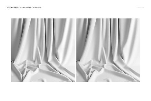 Two panels of white fabric mockup shown from the front, featuring flowing drapes and realistic shadow details.