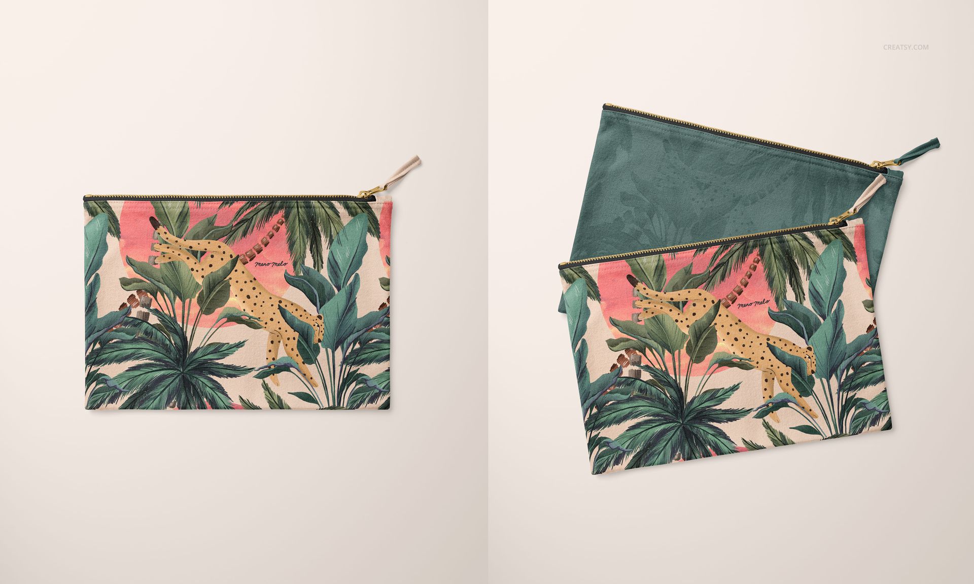 PSD mockup of a rectangular canvas pouch with gold zipper and jungle-themed print, displayed on a neutral background.
