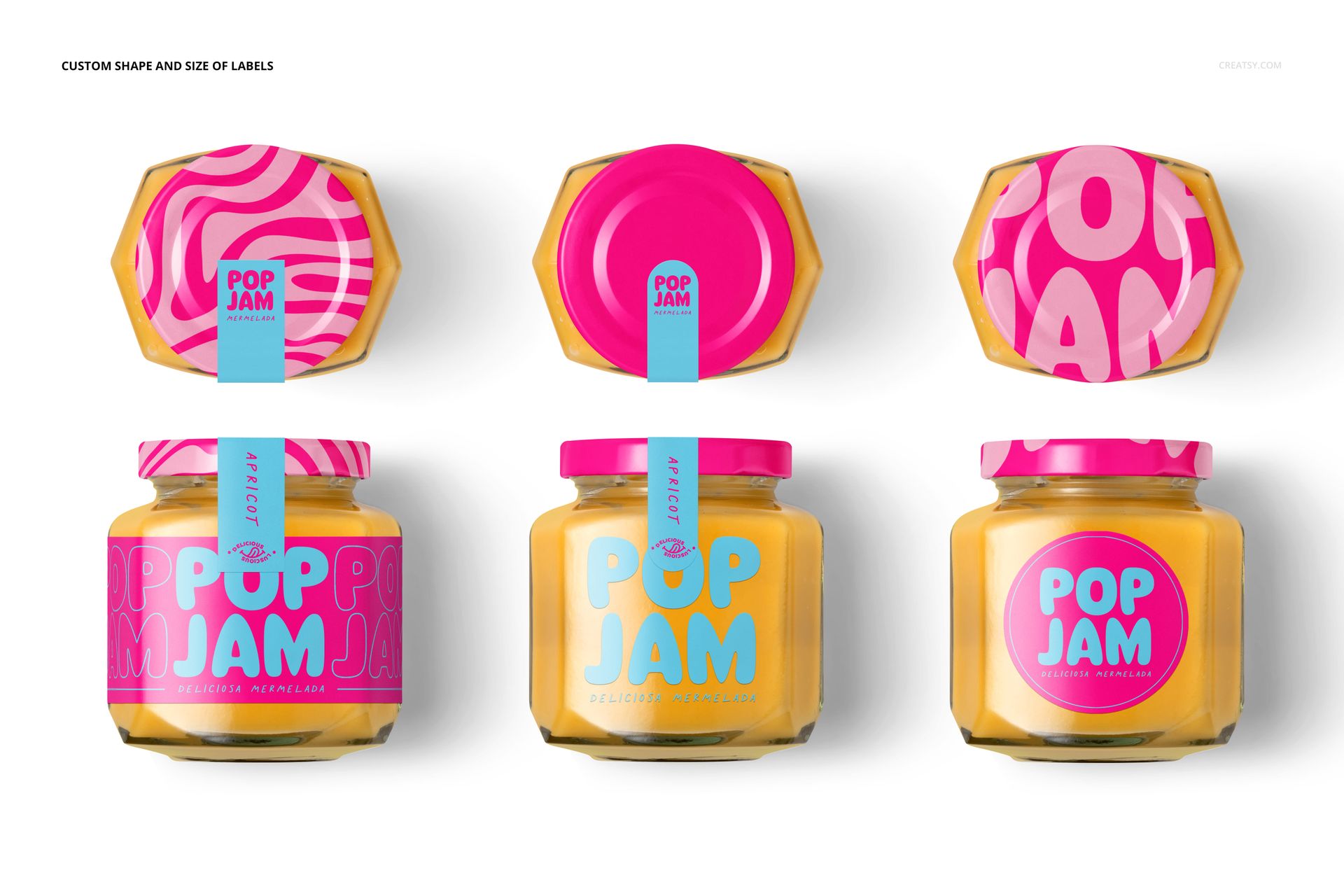 PSD mockup featuring granadilla jam jars with bold pink lids, blue and pink labels, and a minimalist white backdrop.