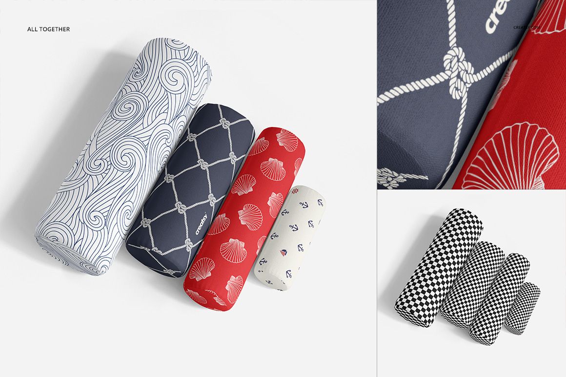 Bolster pillow mockup set in assorted sizes, each with unique patterns and colors, presented on a clean background.