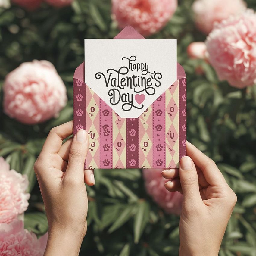 Hands holding a patterned envelope and greeting card mockup with visible text, surrounded by blooming pink peonies outdoors.