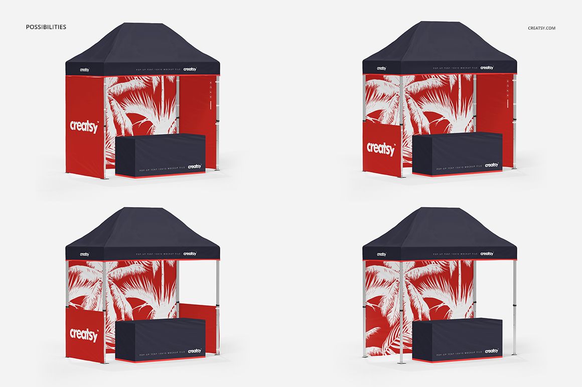 Pop up tent mockup with navy roof and red walls featuring white palm leaf graphics, shown from front and angled views.