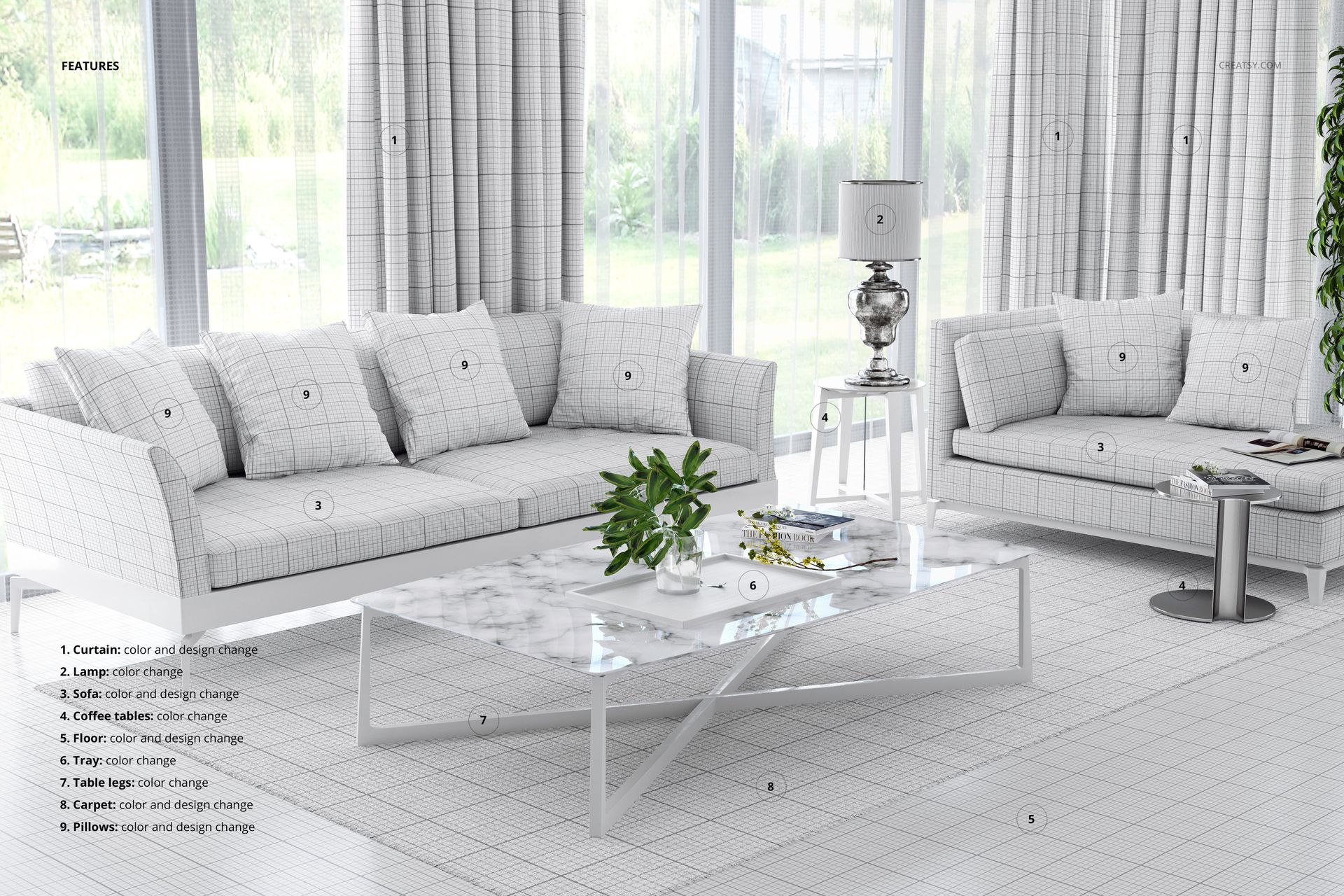 Modern living room mockup with two gray sofas, marble coffee table, and large windows with sheer curtains.