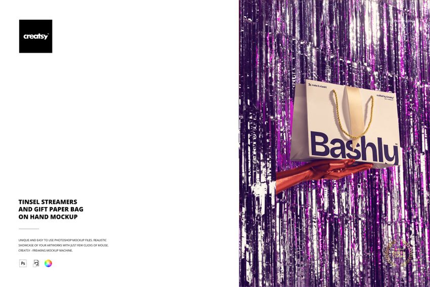 Tinsel Streamers and Gift Paper Bag on Hand Mockup - mockup screenshot 1